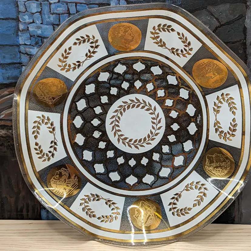 Helen Luger MCM Ruffle Dish Bowl Large Valencia Glass Dish 11.25in Gold Roman Greek Heads Laurel Signed Serving Dish