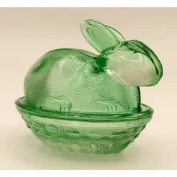 Green Glass Bunny Rabbit Covered Candy Trinket Dish