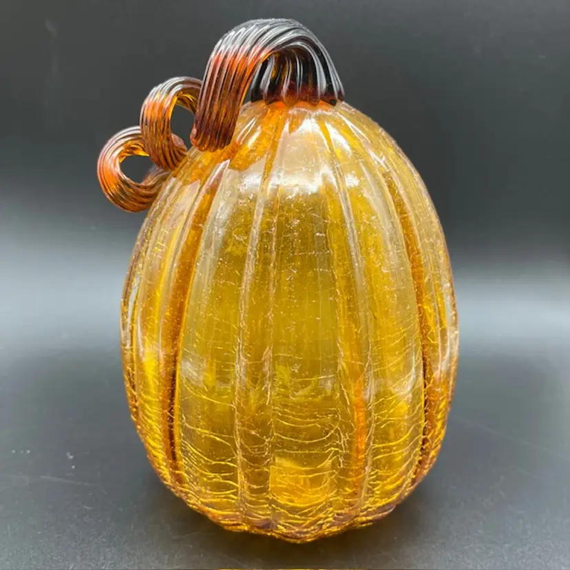 Crackle Blown Art Glass Pumpkin w/ Applied Stem 7" x 5" Hallow Amber