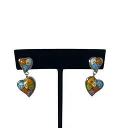 Alan K Sterling Silver Multi Color Murano  Millefiori Art Glass Heart Earrings