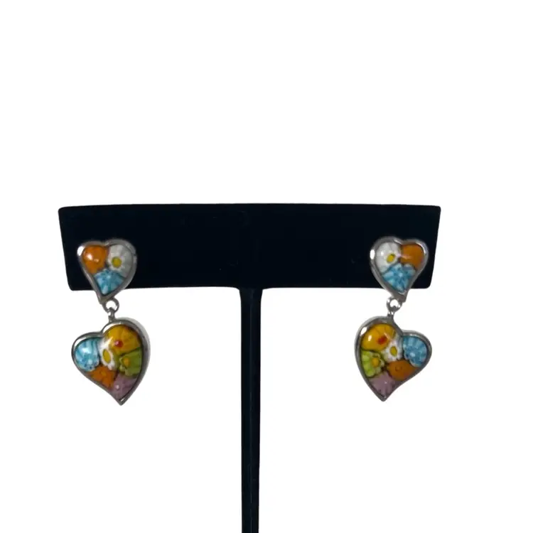 Alan K Sterling Silver Multi Color Murano  Millefiori Art Glass Heart Earrings