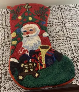 Vintage Tapestry Yarn Christmas Stocking 18 In Santa Claus Tree Toys Teddy Bea