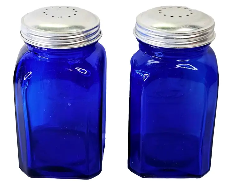 Cobalt Blue Glass Salt & Pepper Shaker Set with Metal Lids Depression VTG MCM