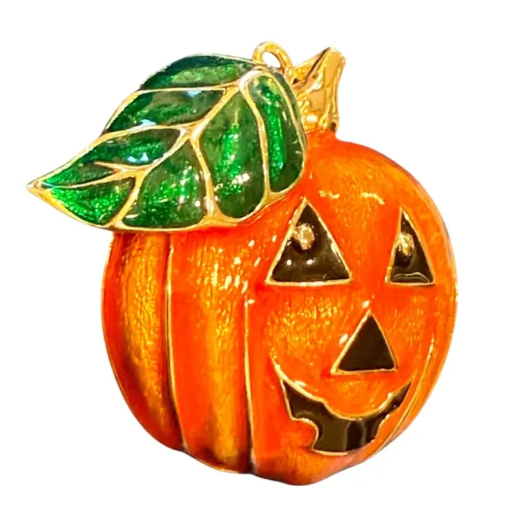 Happy Jack O’Lantern GoldTone Enamel Domed Brooch 2”x 2.5”