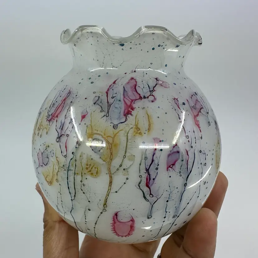 Israeli Art Glass Ruffled Top Vase Multi Purple Pink
