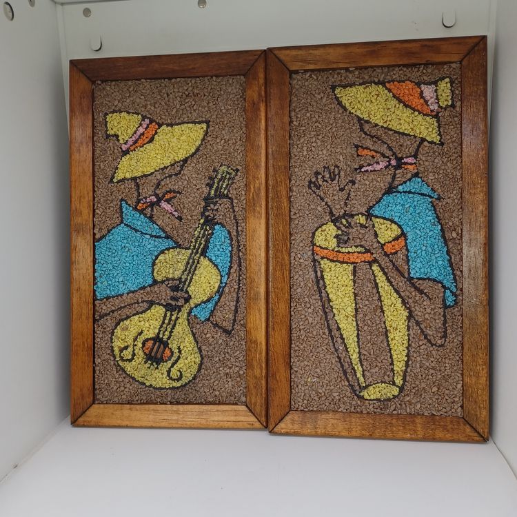 Vintage MidCentury Gravel Wall Art Musician Guitar Player Caribbean Mambo set 2