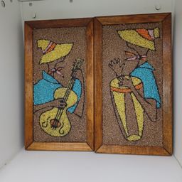 Vintage MidCentury Gravel Wall Art Musician Guitar Player Caribbean Mambo set 2