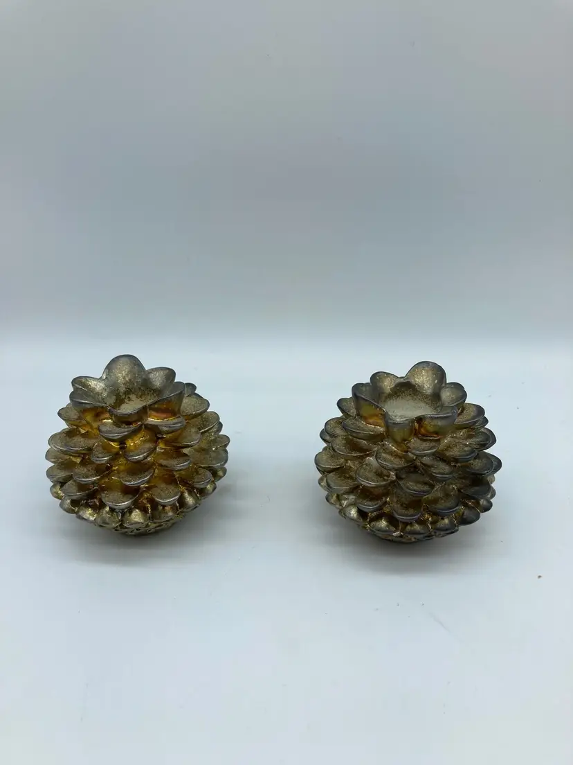 Vintage Metal Pine Cone Candle Holder Set of 2 Antique Holiday Decor 3"