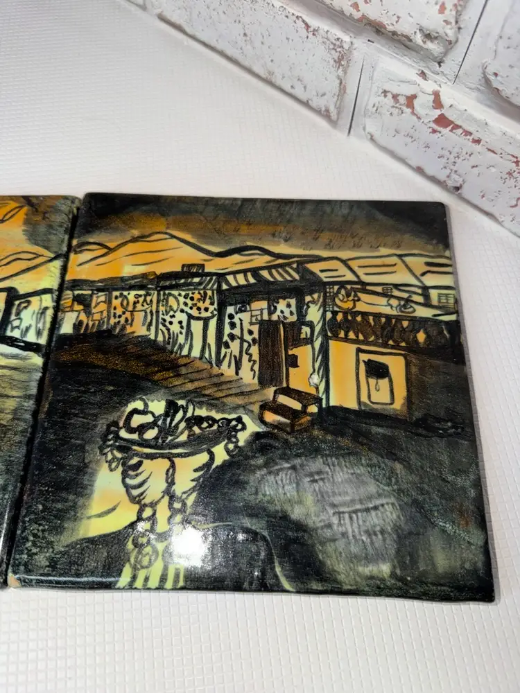 folk art style Two Tiles Very Old From Year 73