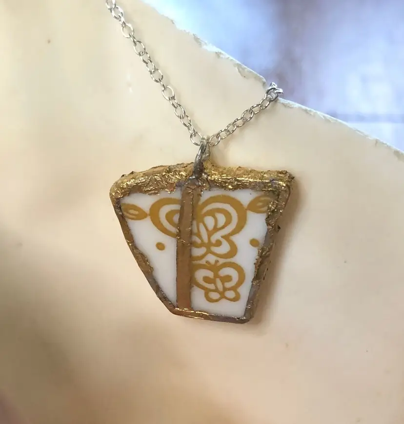Oodelally Shop Broken Corelle Butterfly Gold Plate Handcrafted Necklace