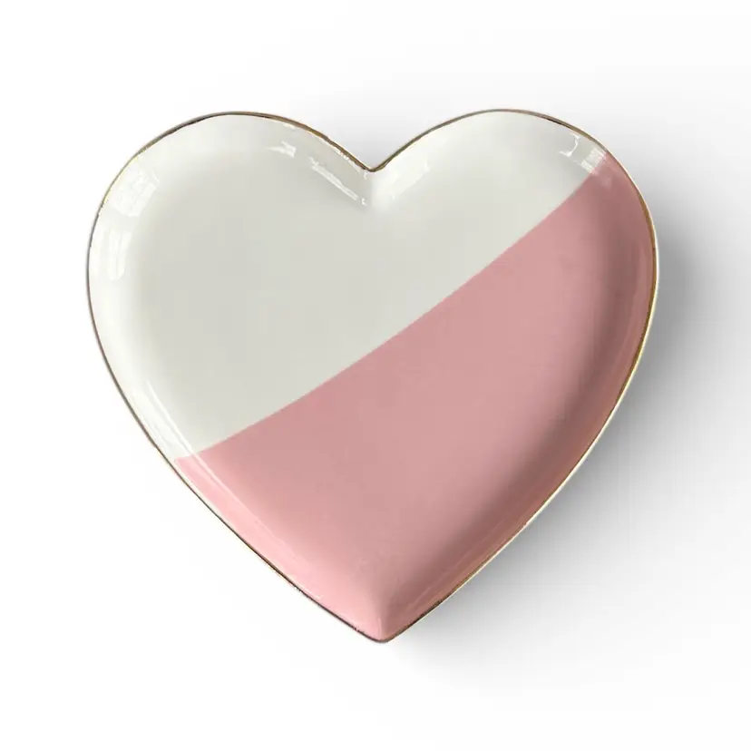 Eccolo Pink And White Striped Heart Trinket Dish With Gold Trim