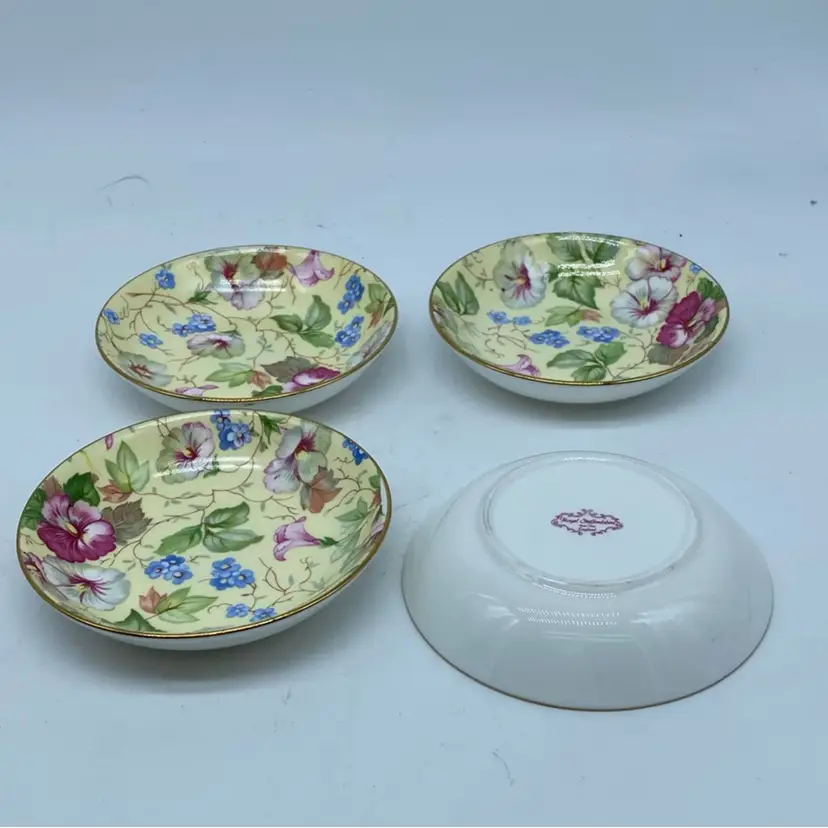 #4217 Set of Four Royal Staffordshire floral-patterned English porcelain decorative dishes.