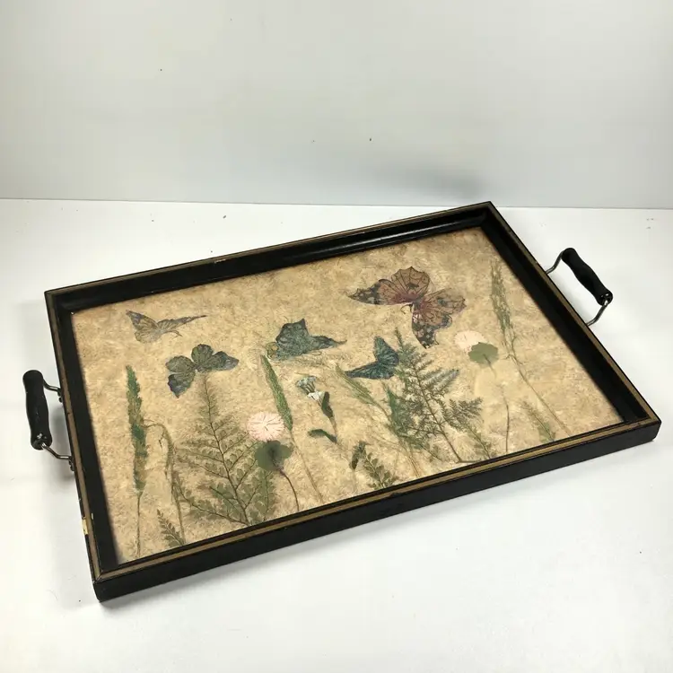 Butterfly, plant, & flower wooden tray with handles