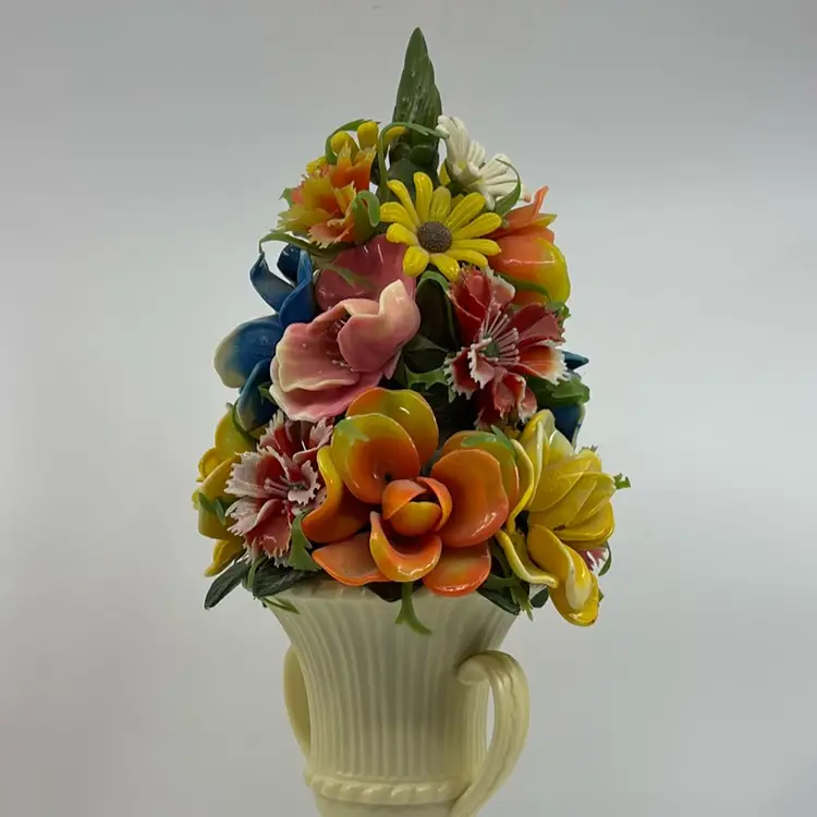 Kitsch 1960s Plastic Flower Arrangement Double Handled Urn 13”