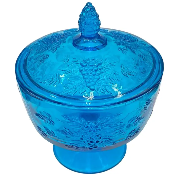 Vintage LE Smith Lidded Candy Dish, Colonial Blue (Teal), Grapes & Leaves, 6"