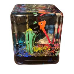 Murano Fish Tank Cube Paperweight UV Glow 2.75” Square