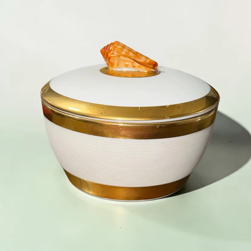 L’Objet Porcelain Candle Jar Shell Lid Gold Band Luxury Trinket Box Made in Portugal