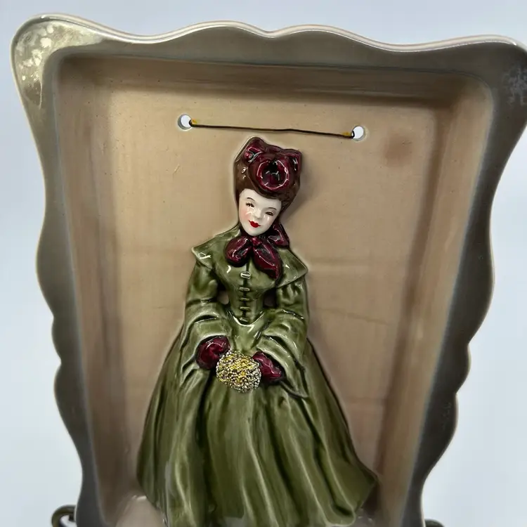 Vintage Florence Ceramics Lady With Green Dress, Hat & Muff 3D Wall Art