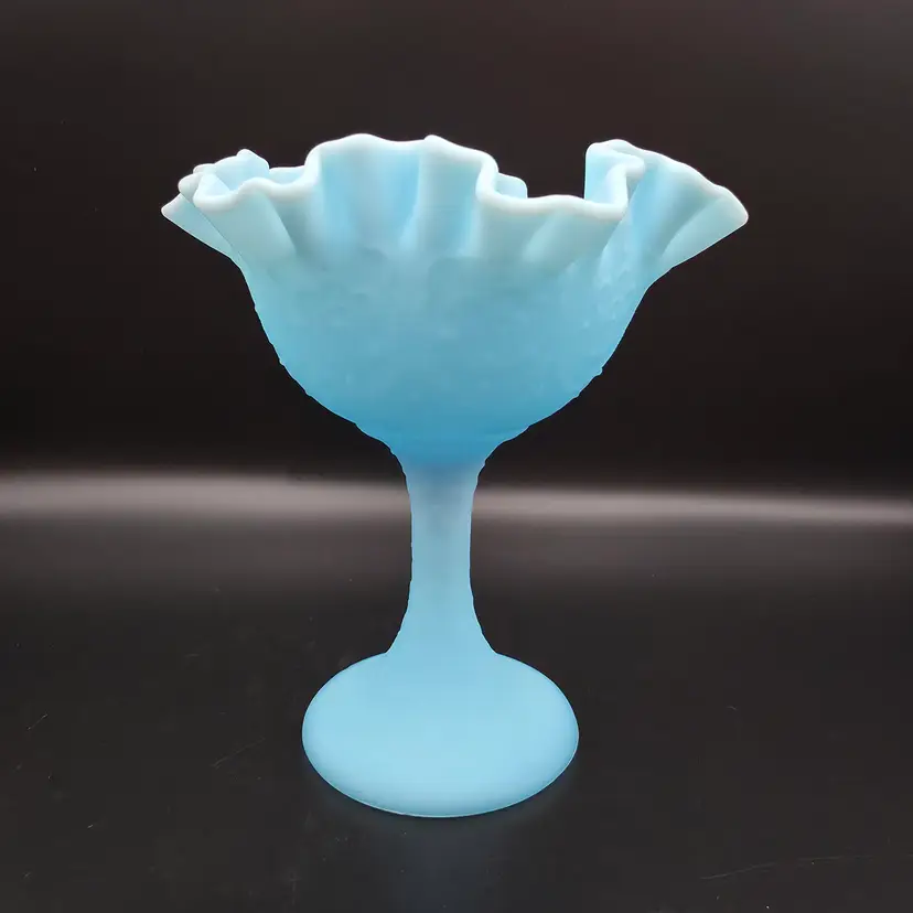 Fenton Blue Satin Glass Persian Medallion Ruffled Edge Compote