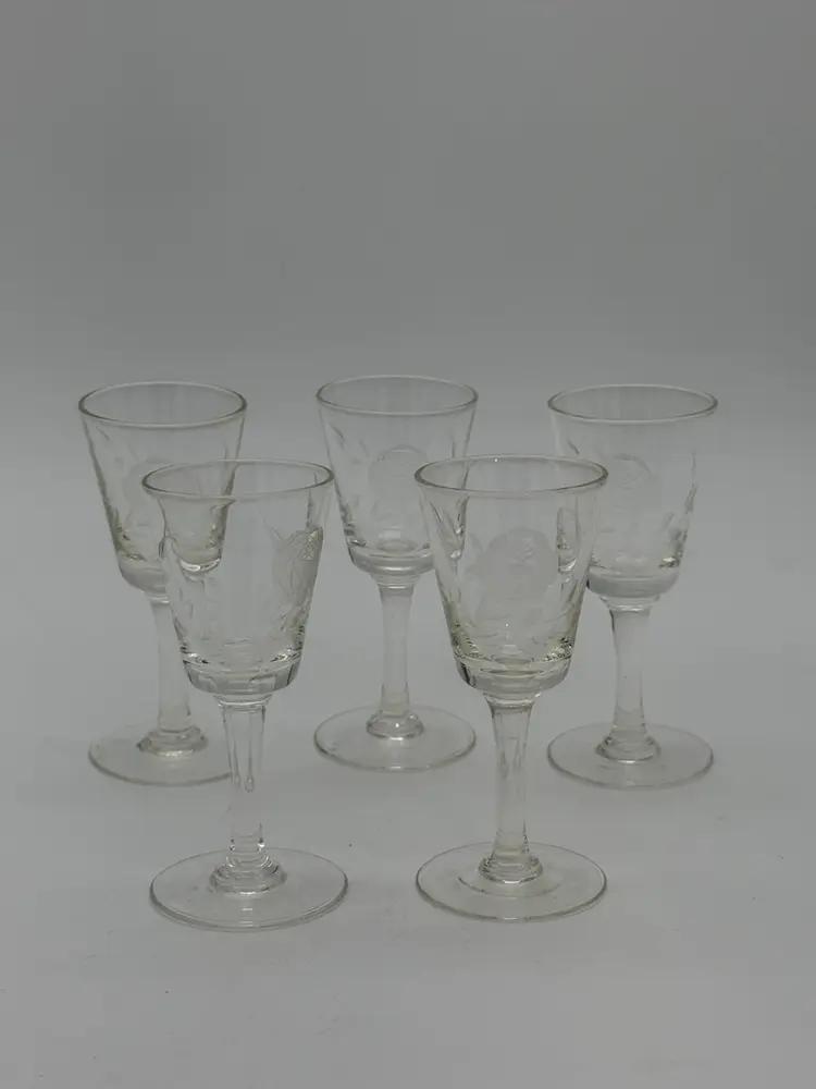 Vtg. Etched Floral Rose Mini Cordial Glasses Set Of 5 Victorian Mid Century 4”