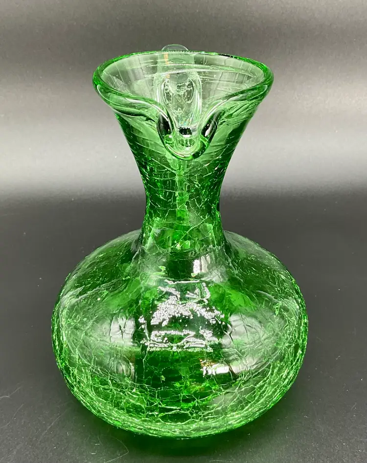 Vintage Hand Blown Green Crackle Glass Wine Decanter With Clear Handle 1950-1960