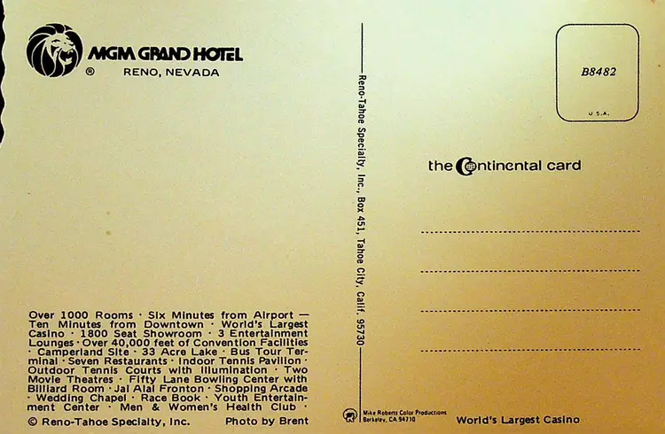 MGM Grand Reno Nevada Postcard World's Largest Casino