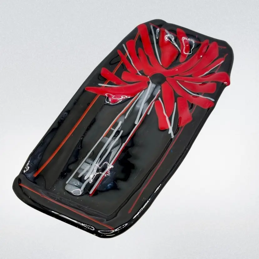 Black & Red Abstract Flower Fused Glass Rectangular Dish 8.5"