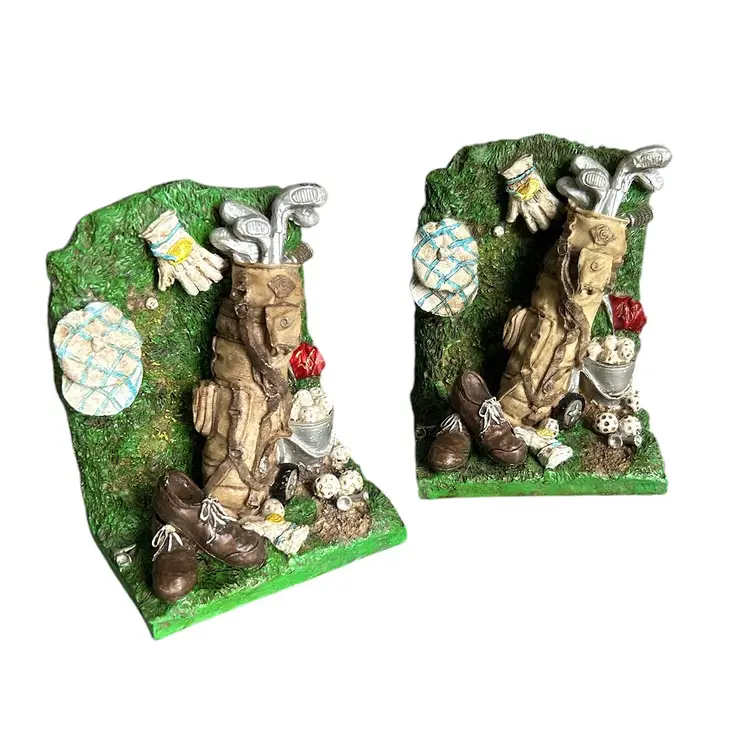 Set of Vintage Resin Relief Golf Themed Bookends