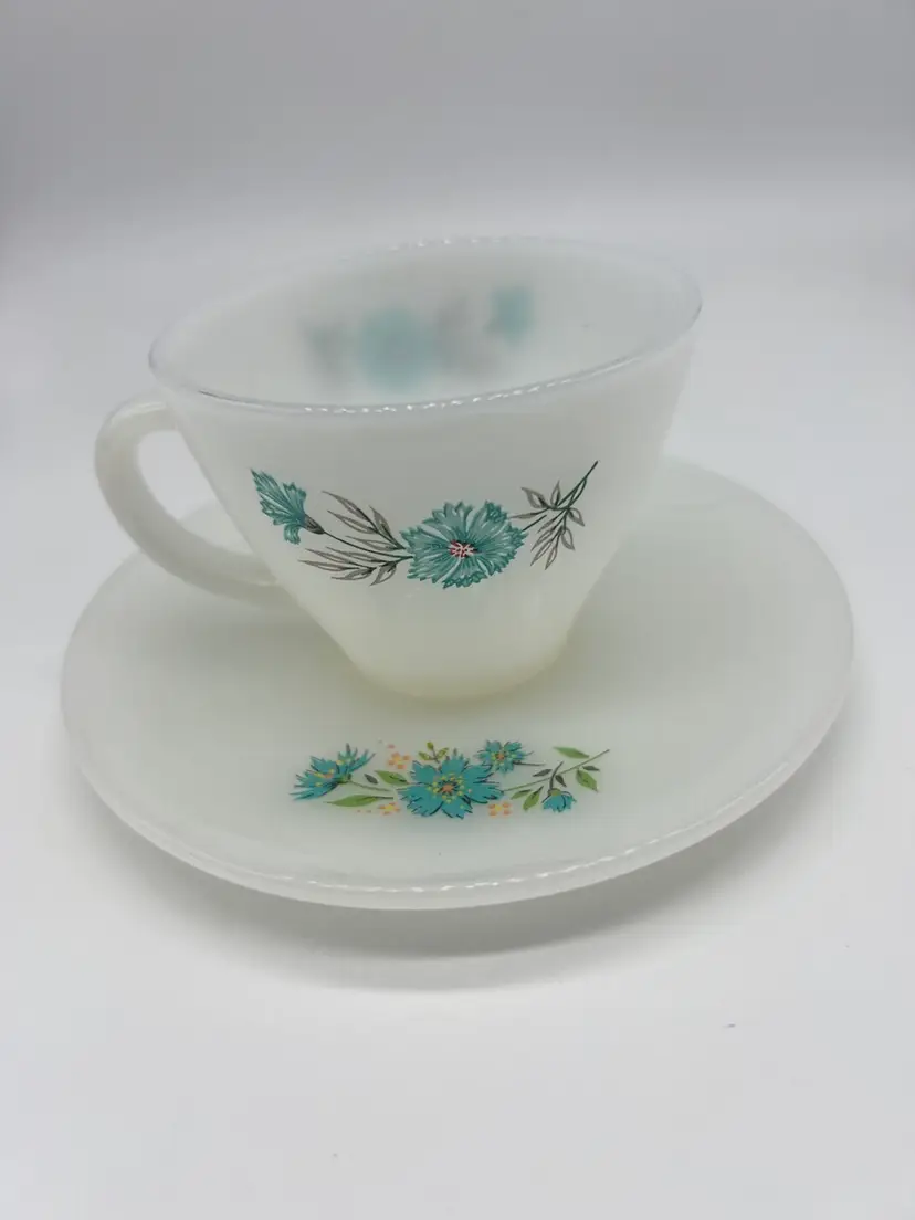 Fire King Saucer & Cup With Blue Flowers
