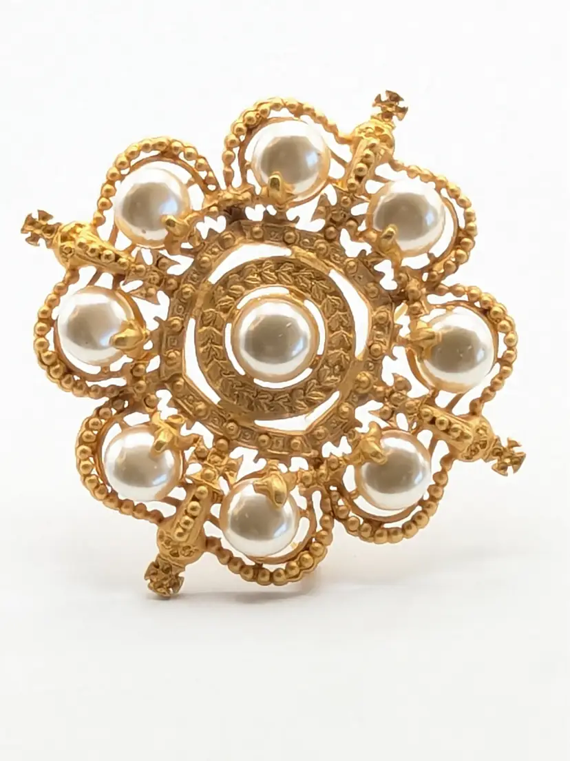 Vintage Brushed Gold Tone Brooch with Faux Pearl Cabochons Crosses