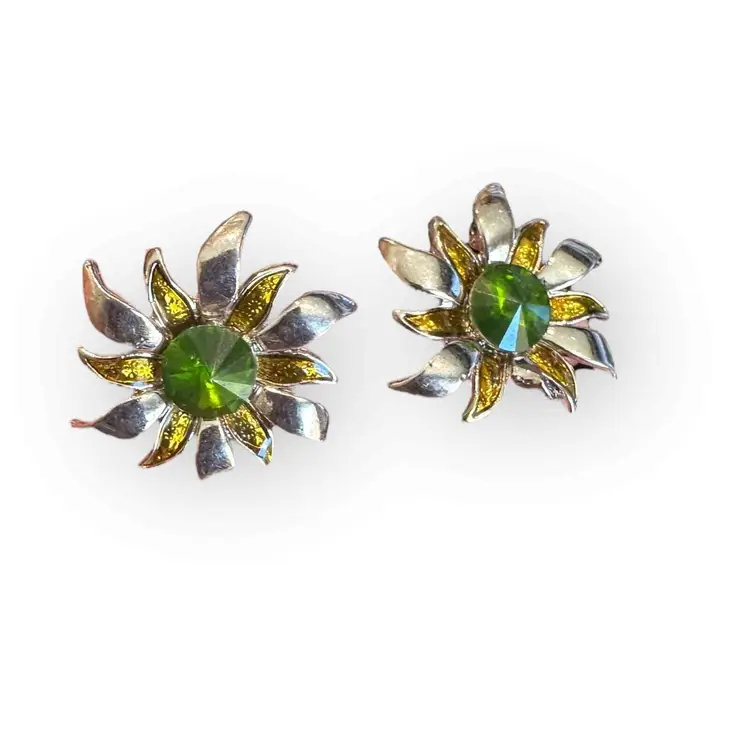 Floral Silvertone Rivoli Rhinestone Clip on Earrings