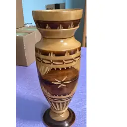 Vintage Hand Carved Two-Tone Wooden Vase, Folk Art Etched