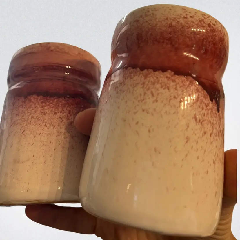 Pair of Art Pottery, Cups Red Drip Glaze. Signed.