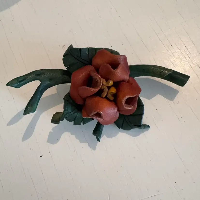 Vintage Leather Floral Brooch