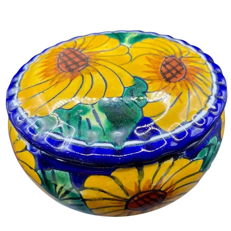 Talavera Pottery Bowl w/ Lid Trinket Dish, Sunflowers with Cobalt Blue and Green