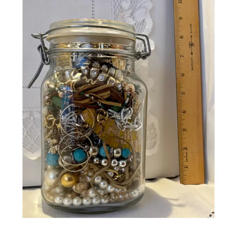 5lbs.10ozs. Lg 1.5qt Hermetic Glass Jar Filled Wearable Jewelry 8”x 4.5”