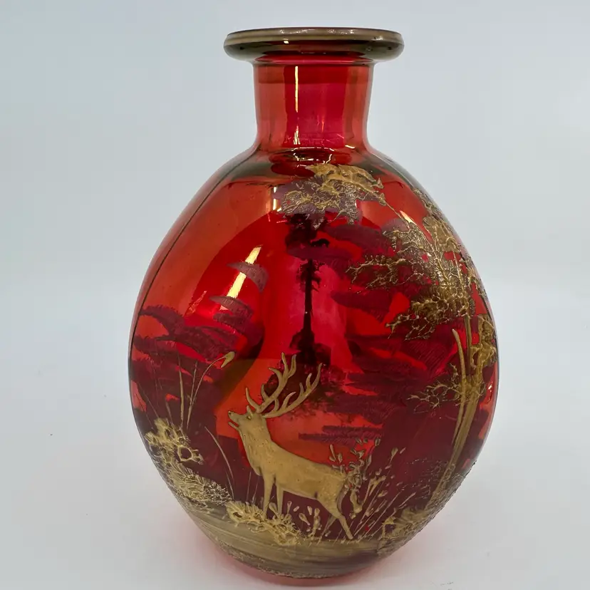 Vintage Mary Gregory Style Decanter *No Stopper* Ruby Flash With Gold Painted Deer In Forest 7.5”T