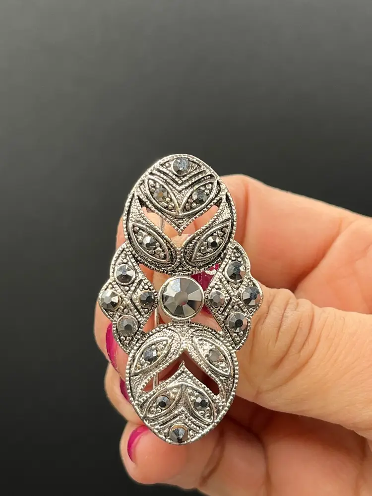 Silver Tone Metal Faceted Marcasite Stone Art Deco Revival Brooch 2”