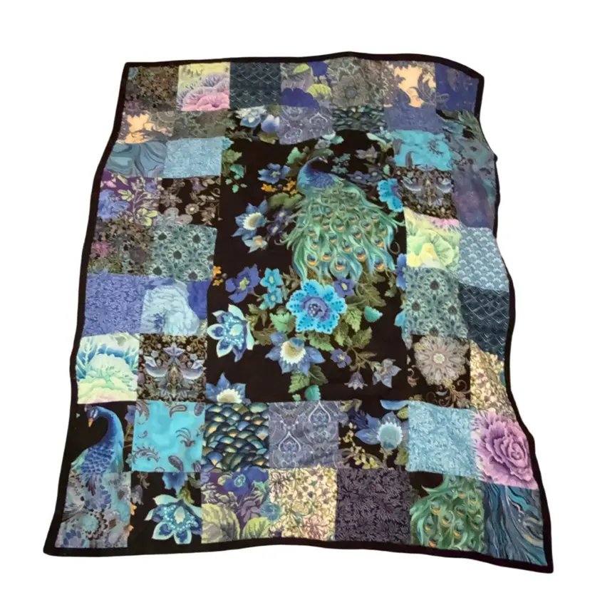 Peacocks & Dragonflies - A Gorgeous Vibrant Hand Quilted Reversible 100% Cotton Throw Blanket Wall Art 30” X 38”
