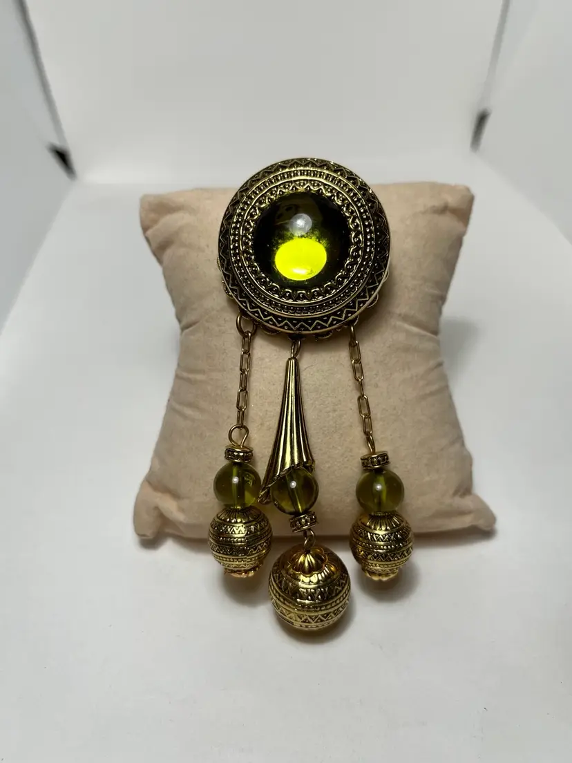 West Germany Vintage Filigree Gold Tone Green cabochon dangle brooch