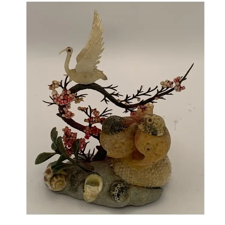 VTG Seashell Sculpture Decor. 4.74” Tall. Seashell Birds With Plastic Tree And White Crane