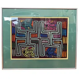 Mola Art of Angel Fish Turtles Reverse Applique Kuna Indians Panama Pro Framed