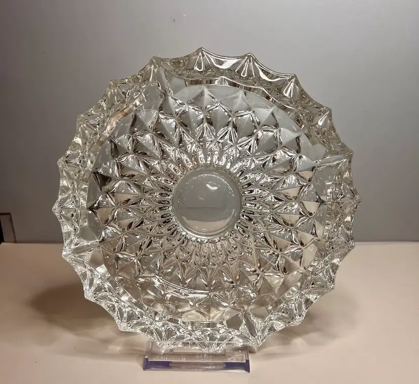 Vintage HEAVY Crystal Diamond Cut Clear Glass Ashtray 7.5” By 2”