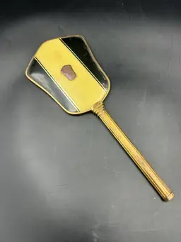 Vintage Art Deco, Beveled Hand Mirror, Brass Frame, Black, And Yellow Celluloid Back