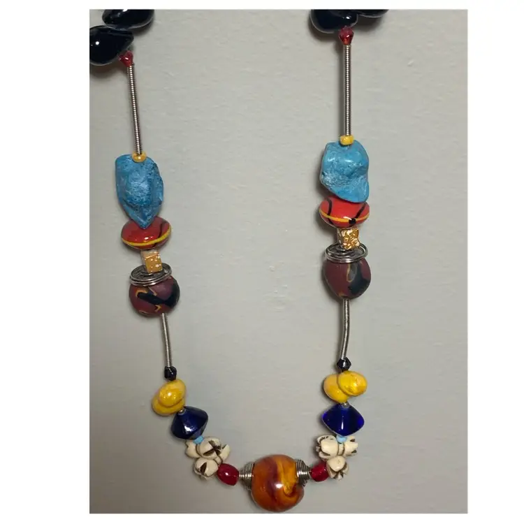 Long Beaded Necklace Glass, Wood, Millefiori, Stone Variety Coiled Wire
