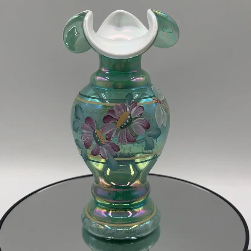 Fenton Iridescent Teal Vase Hand Painted Floral w/ Dragonfly - About 6.5”