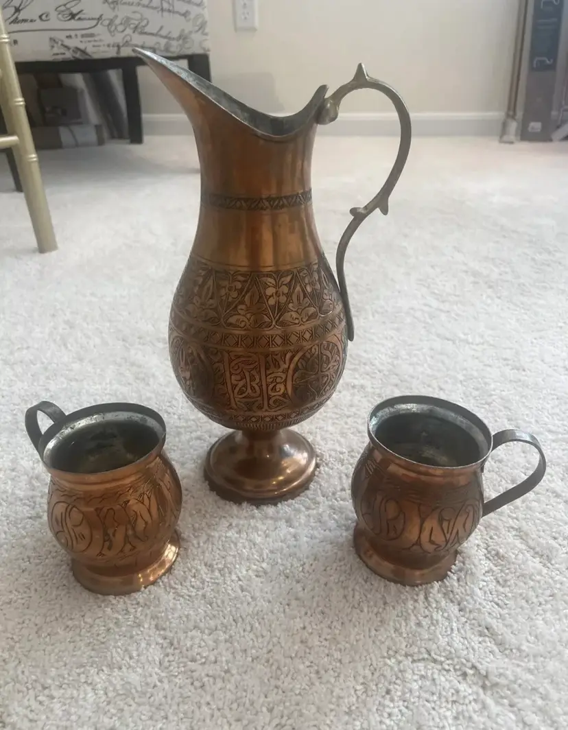 WHAT A FIND!!!
Beautiful Antique Tall Etched Copper Pitcher & (2) Mugs Set Middle Eastern