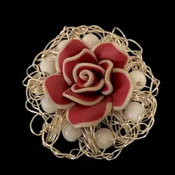 Red Rose With White Beads & Silver Trim Vintage Brooch