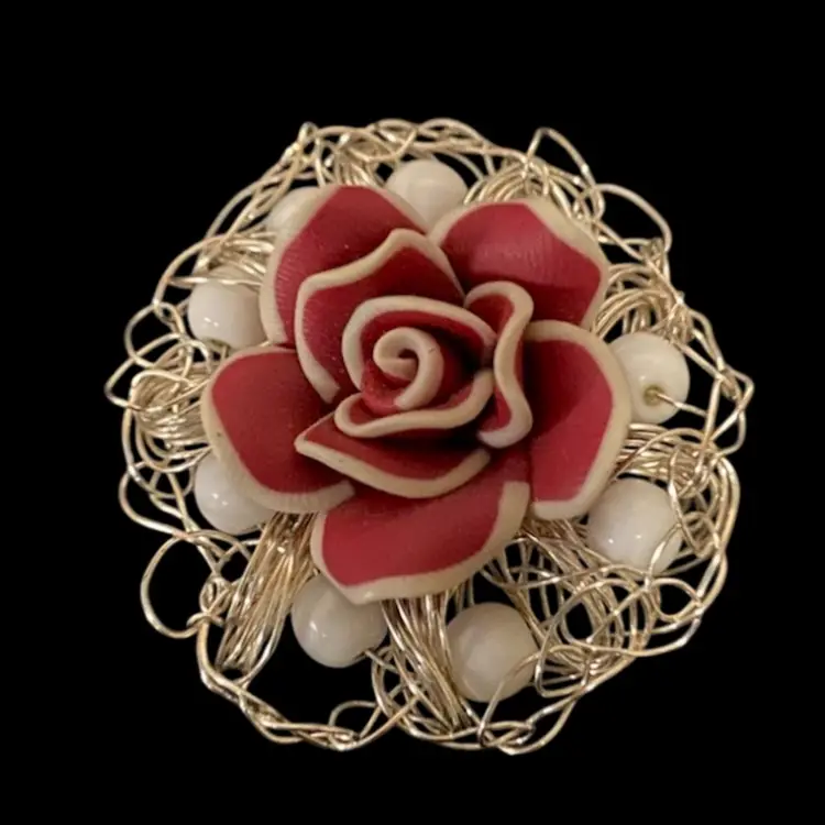 Red Rose With White Beads & Silver Trim Vintage Brooch