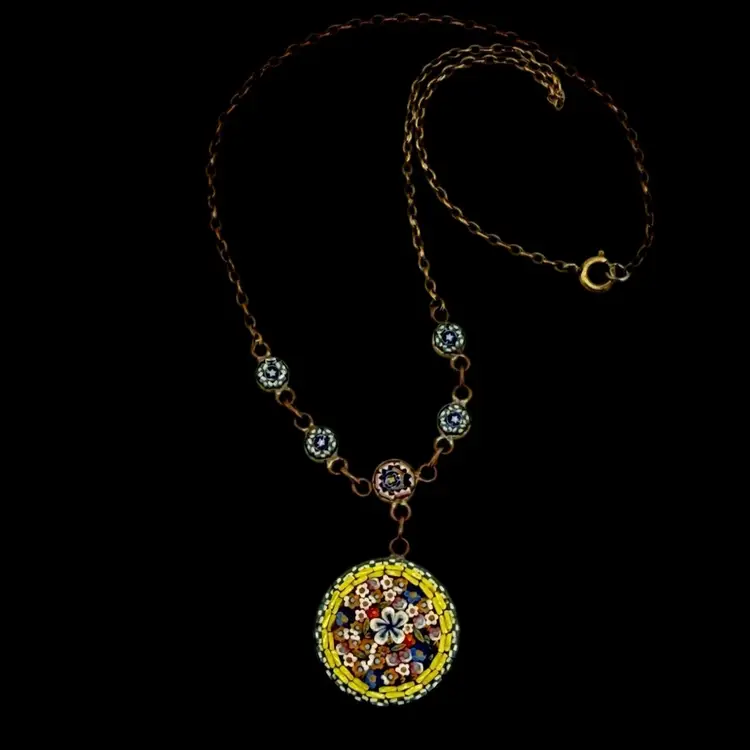 Round Micro Mosaic Pendant Necklace Gold Tone W/ Micro Mosaic Panels Italy